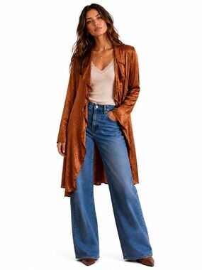Torrid Copper Satin Jacquard Waterfall Duster Cardigan Open Front Plus